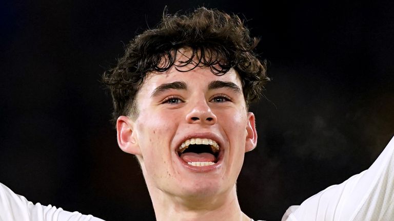 Leeds United's Archie Gray celebrates their victory at the end of the match during the Sky Bet Championship match at Elland Road, Leeds. Picture date: Friday February 23, 2024.