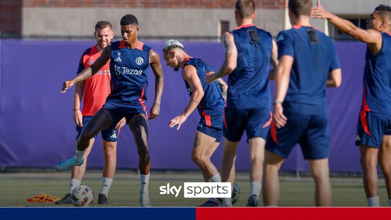 Players of Manchester United in action during a training session at UCLA, July 26 2024, in Los Angeles. The team and Arsenal FC will play in a pre-season friendly football match on Saturday. (Ringo Chiu via AP)


