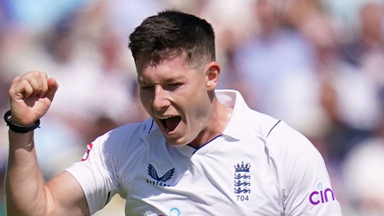 Matthew Potts celebrates the wicket of Andy McBrine on day one of the Test between England and Ireland at Lord's