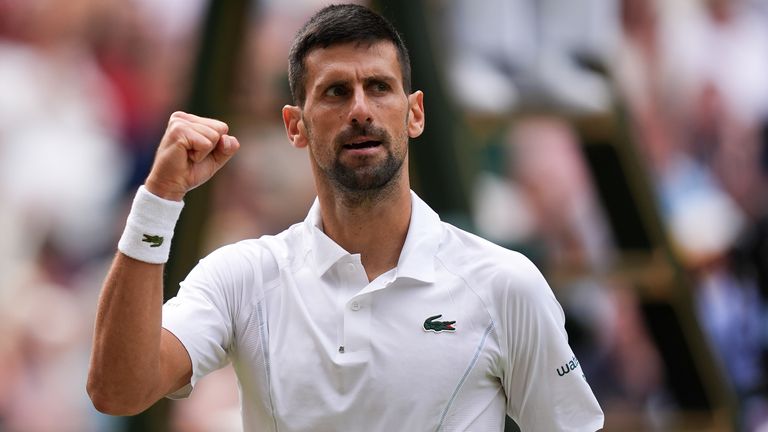 Novak Djokovic reacts during his match against Lorenzo Musetti (not pictured) on day twelve of the 2024 Wimbledon Championships at the All England Lawn Tennis and Croquet Club, London. Picture date: Friday July 12, 2024.