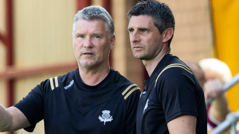  Partick manager Kris Doolan and assistant Paul MacDonald during a Premier Sports Cup group stage match between Motherwell and Partick Thistle at Fir Park, on July 28, 2024, in Motherwell, Scotland.  (Photo by Craig Foy / SNS Group)