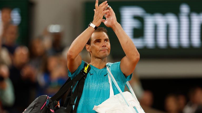 Spain's Rafael Nadal waves as he leaves the court after losing against Germany's Alexander Zverev during their first round match of the French Open tennis tournament at the Roland Garros stadium in Paris, Monday, May 27, 2024. (AP Photo/Jean-Francois Badias)