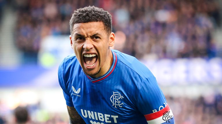 GLASGOW, SCOTLAND - MARCH 30: James Tavernier  celebrates after scoring to make it 1-0 Rangers during a cinch Premiership match between Rangers and Hibernian at Ibrox Stadium, on March 30, 2024, in Glasgow, Scotland.  (Photo by Craig Williamson / SNS Group)