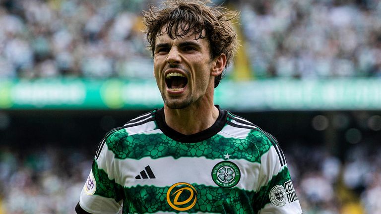 Matt O'Riley celebrates after scoring for Celtic