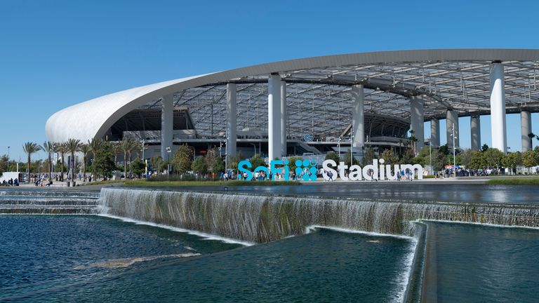 General view of SoFi Stadium, the home of the Los Angeles Rams before an NFL football game between the Los Angeles Rams and the Chicago Bears Sunday, Sept. 12, 2021, in Inglewood, Calif. (AP Photo/Kyusung Gong)