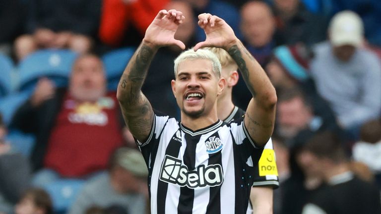 Bruno Guimaraes celebrates after putting Newcastle 3-0 up at Turf Moor