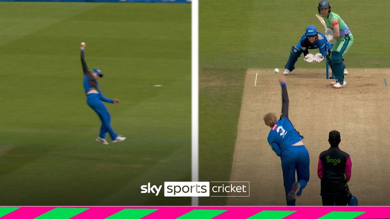 London Spirit&#39;s Charlie Dean leaps through the air to make a sensational catch, following it up a few balls later with a big wicket against the Oval Invincibles.