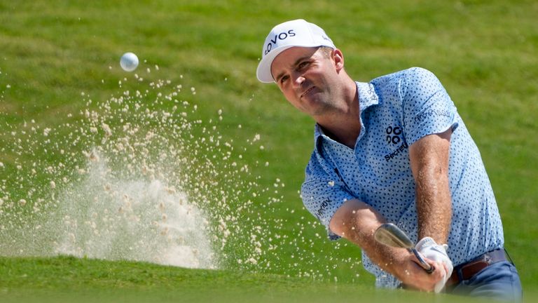 Denny McCarthy hits from the bunker on the 16th hole during the second round of the St. Jude Championship golf tournament Friday, Aug. 16, 2024, in Memphis, Tenn. (AP Photo/Mark Humphrey)