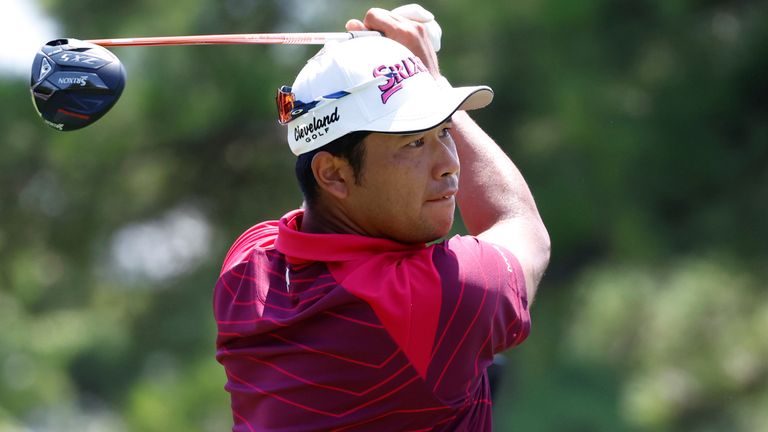 Hideki Matsuyama watches his tee shot on No. 17 during the second round of the FedEx St. Jude Championship, August 16, 2024 at TPC Southwind in Memphis, Tennessee. (Photo by Matthew Maxey/Icon Sportswire) (Icon Sportswire via AP Images)