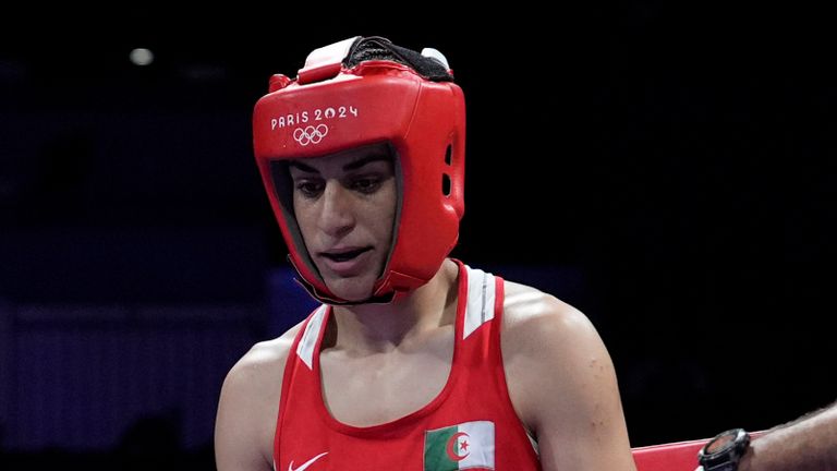 Algeria's Imane Khelif prepares to fight Italy's Angela Carini in their women's 66kg preliminary boxing match at the 2024 Summer Olympics, Thursday, Aug. 1, 2024, in Paris, France. (AP Photo/John Locher)