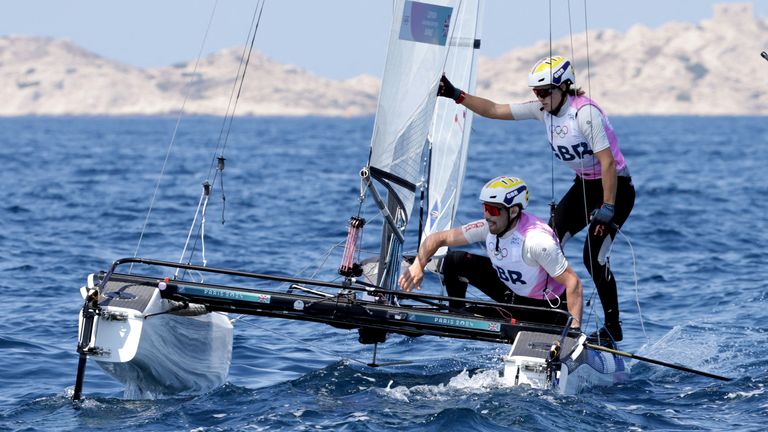 Great Britain's John Gimson and Anna Burnet during the Mixed Multihull Medal Race at Marseille Marina - Marseille, on the thirteenth day of the 2024 Paris Olympic Games in France. Picture date: Thursday August 8, 2024.