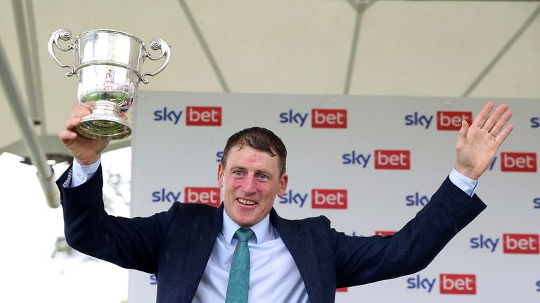 Murtagh celebrates after Sonnyboyliston's victory in this year's valuable Ebor handicap at York