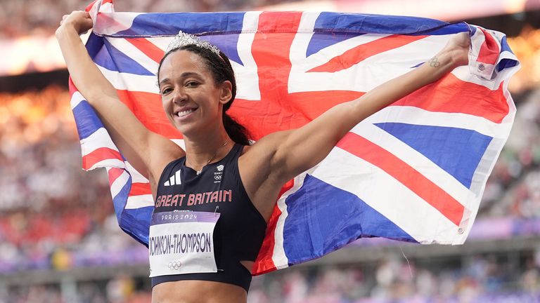 Great Britain's Katarina Johnson-Thompson celebrates after winning silver in the Women's Heptathlon at the Stade de France on the fourteenth day of the 2024 Paris Olympic Games in France. Picture date: Friday August 9, 2024.