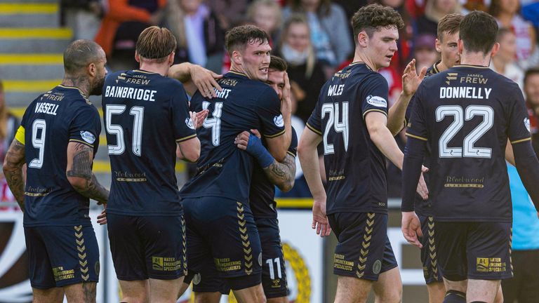 TROMSO, NORWAY - AUGUST 15: Kilmarnock's Joe Wright celebrates with his team mates as he scores to make it 1-0 during a UEFA Conference League qualifying match between Tromso and Kilmarnock at the Romssa Arena, on August 15, 2024, in Tromso, Norway. (Photo by Craig Foy / SNS Group)