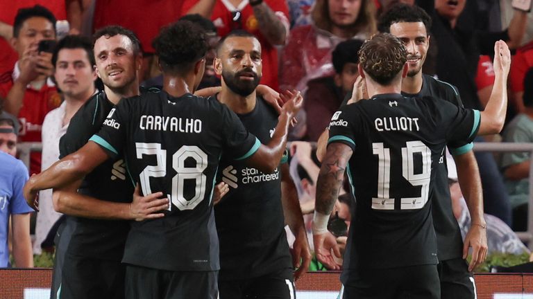 August 3, 2024: Liverpool midfielder Fabio Carvalho (28) celebrates a goal with teammates during the FC Series match between Manchester United and Liverpool at Williams-Brice Stadium in Columbia, South Carolina. Greg Atkins/CSM (Credit Image: .. Greg Atkins/Cal Sport Media) (Cal Sport Media via AP Images)