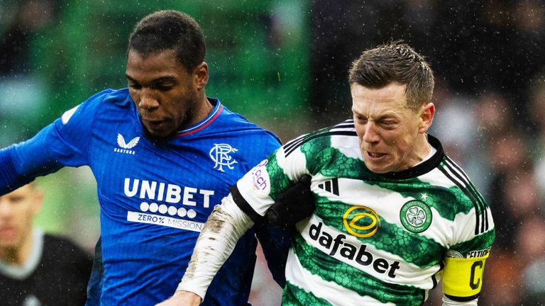 GLASGOW, SCOTLAND - DECEMBER 30: Dujon Sterling and Callum McGregor in action during a cinch Premiership match between Celtic and Rangers at Celtic Park, on December 30, 2023, in Glasgow, Scotland. (Photo by Craig Foy / SNS Group)