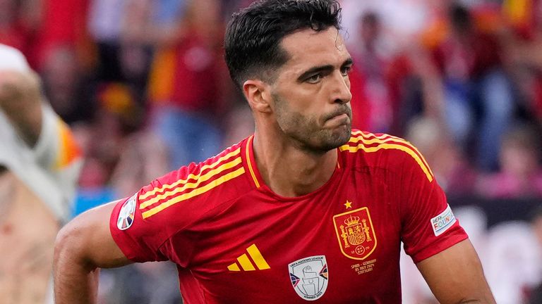 Spain's Mikel Merino celebrates after scoring his sides second goal during a quarter final match between Germany and Spain at the Euro 2024 soccer tournament in Stuttgart, Germany, Friday, July 5, 2024. (AP Photo/Manu Fernandez)