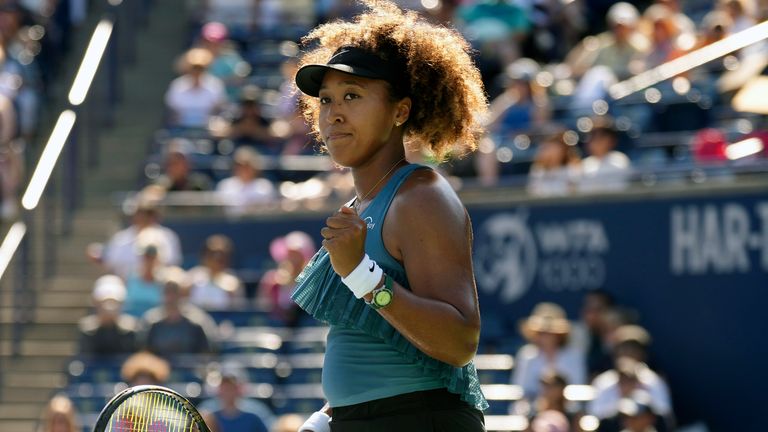 Japan's Naomi Osaka celebrates a point during her win over Tunisia's Ons Jabeur at the National Bank Open in Toronto (Chris Young/The Canadian Press via AP)