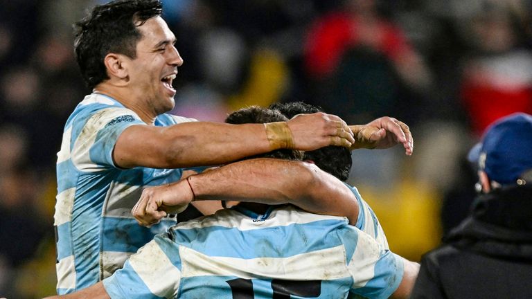 Argentina celebrate their win over New Zealand in The Rugby Championship