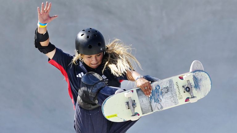 Sky Brown of Britain competes in the women's park skateboarding final at the Paris Olympics on Aug. 6, 2024, at La Concorde in Paris. (Kyodo via AP Images) ==Kyodo