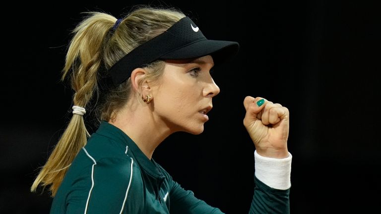 Britain's Katie Boulter reacts during a match against Slovakia's Rebecca Sramkova at the Italian Open tennis tournament in Rome, Friday, May 10, 2024. (AP Photo/Alessandra Tarantino)