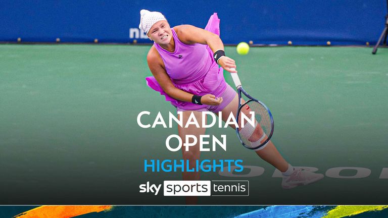 Diana Shnaider, of Russia, hits a return to Coco Gauff, of the United States, at the National Bank Open tennis tournament in Toronto, Friday, Aug. 9, 2024. (Chris Young/The Canadian Press via AP)