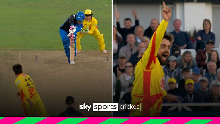 Trent Rockets bowler Rashid Khan takes three wickets inside six deliveries as he puts a dent in London Spirit&#39;s hope of chasing down the target set by the home side.   