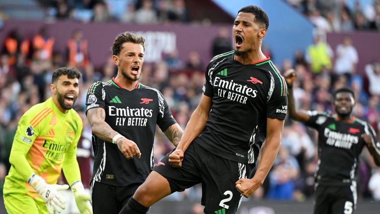 Arsenal players celebrate William Saliba's last-ditch tackle on Jacob Ramsey