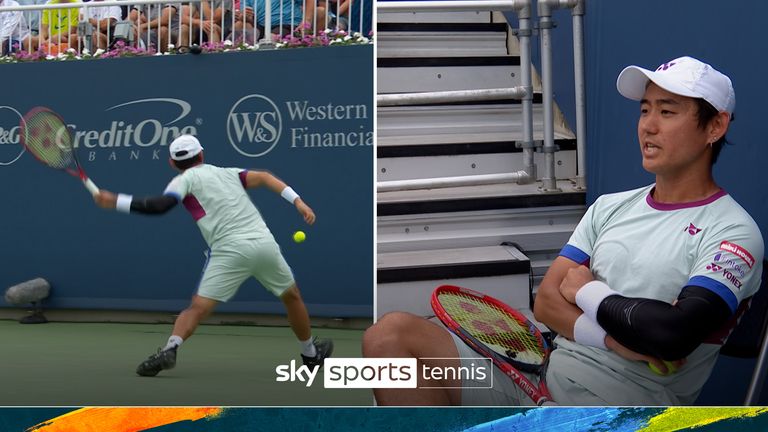 Yoshihito Nishioka is given a game penalty after being warned several times by the umpire to calm down in his match against Hubert Hurkacz after throwing his racquet and striking tennis balls into the crowd.  