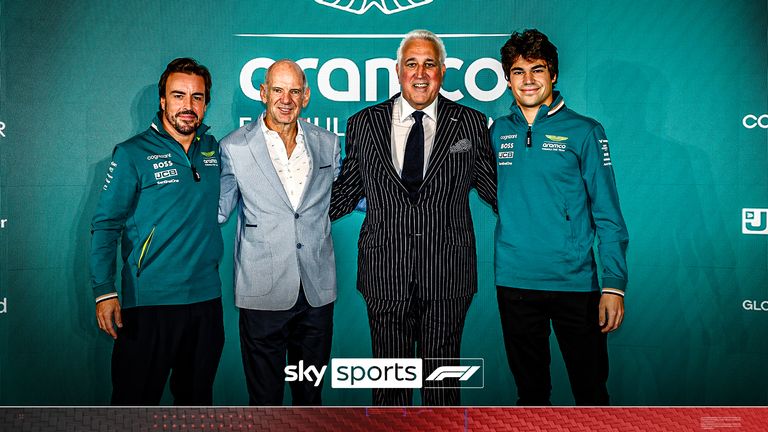 SILVERSTONE, ENGLAND - SEPTEMBER 10: Fernando Alonso, Aston Martin F1 Team, Adrian Newey, Lawrence Stroll, Owner, Aston Martin F1 Team, and Lance Stroll, Aston Martin F1 Team at a press conference at Aston Martin Headquarters on September 10, 2024 in Silverstone, England. (Photo by Zak Mauger/Getty Images for Aston Martin)