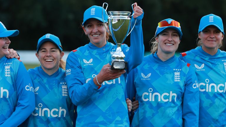 Ireland v England - Third Women's ODI - Civil Service Cricket Club
England captain Kate Cross lifts the series trophy with team-mates following the third One Day International match at the Civil Service Cricket Club in Stormont, Belfast. Picture date: Wednesday September 11, 2024.