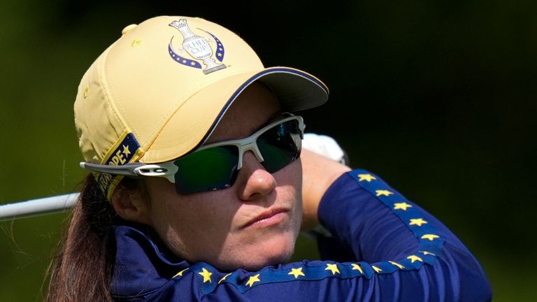 Europe's Leona Maguire hits from the third tee during a Solheim Cup golf tournament singles match at the Robert Trent Jones Golf Club, Sunday, Sept. 15, 2024, in Gainesville, Va. (AP Photo/Chris Szagola)