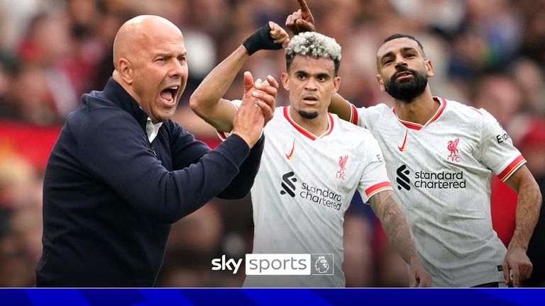 Liverpool&#39;s manager Arne Slot reacts during the English Premier League soccer match between Manchester United and Liverpool at Old Trafford, Sunday, Sept. 1, 2024, in Manchester, England.