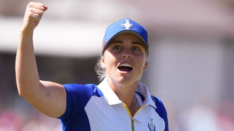 Maja Stark celebrates her decisive putt on the 17th hole during the day two foursomes