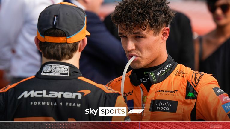 McLaren driver Lando Norris of Britain, right, talks rot McLaren driver Oscar Piastri of Australia after qualifying session ahead of the Formula One Italian Grand Prix race at the Monza racetrack, in Monza, Italy, Saturday, Aug. 31, 2024.