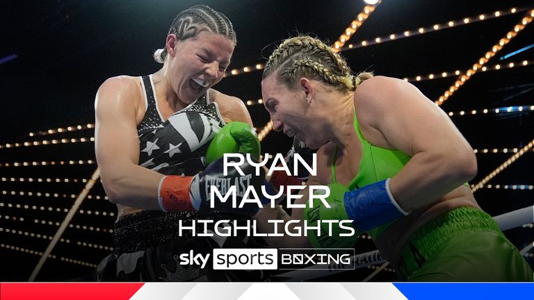 Mikaela Mayer, right, punches England&#39;s Sandy Ryan during a women&#39;s WBO welterweight title boxing bout Saturday, Sept. 28, 2024, in New York. Mayer won the fight. 