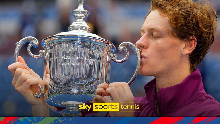 Jannik Sinner, of Italy, kisses the championship trophy after defeating Taylor Fritz, of the United States, in the men&#39;s singles final of the U.S. Open tennis championships, Sunday, Sept. 8, 2024, in New York.