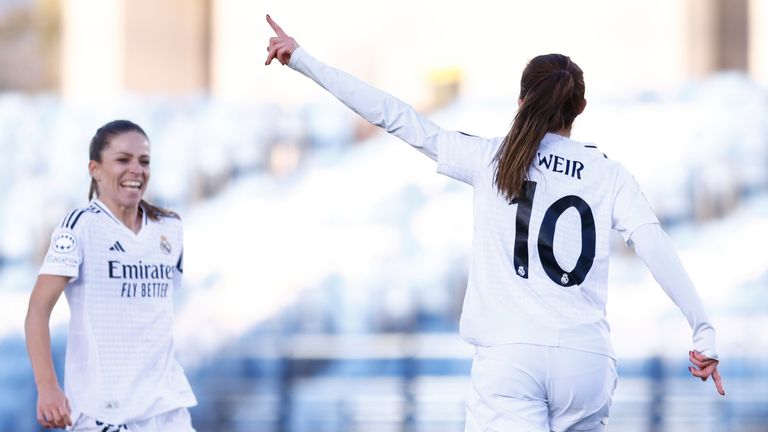 Caroline Weir of Real Madrid celebrates a goal during the UEFA Women's Champions League, Group B, football match played between Real Madrid and Celtic FC at Alfredo Di Stefano stadium on October 17, 2024, in Valdebebas, Madrid, Spain. AFP7 17/10/2024 (Europa Press via AP)