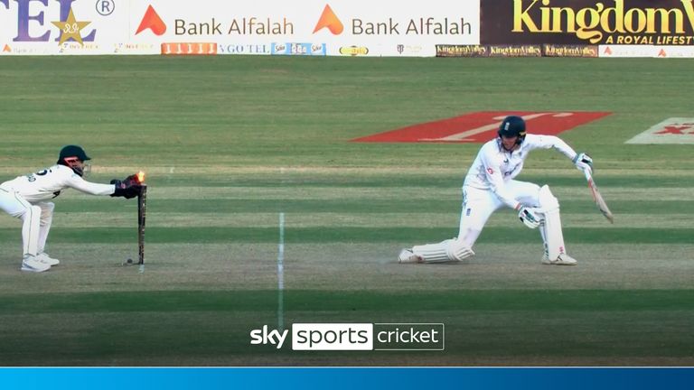 Zak Crawley is removed after a quick bit of thinking of Pakistan&#39;s wicketkeeper Mohammed Rizwan sees the England batsman out of his crease and then stumps him. 