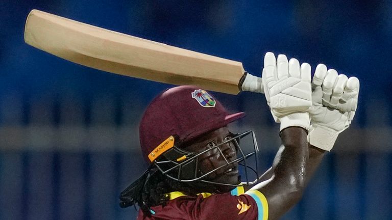 West Indies' Deandra Dottin plays a shot during the ICC Women's T20 World Cup 2024 semi-final match between New Zealand and West Indies at Sharjah Stadium, United Arab Emirates, Friday, Oct. 18, 2024. (AP Photo/Altaf Qadri) 