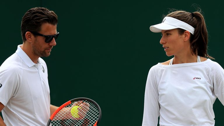 Johanna Konta and coach Wim Fissette during a practice session on day ten of the Wimbledon Championships at The All England Lawn Tennis and Croquet Club, Wimbledon.  PRESS ASSOCIATION Photo. Picture date: Thursday July 13, 2017. See PA story TENNIS Wimbledon. Photo credit should read: Adam Davy/PA Wire. RESTRICTIONS: Editorial use only. No commercial use without prior written consent of the AELTC. Still image use only - no moving images to emulate broadcast. No superimposing or removal of sponsor/ad logos.