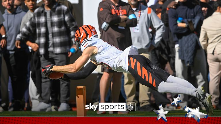 Cincinnati Bengals wide receiver Charlie Jones (15) returns the opening kickoff for a touchdown in the first half of an NFL football game against the Cleveland Browns, Sunday, Oct. 20, 2024, in Cleveland. (AP Photo/David Richard)


