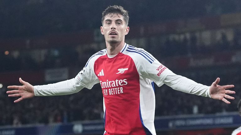 Arsenal's Kai Havertz celebrates after scoring the opening goal against PSG