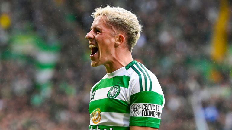 Luke McCowan celebrates as he scores his first Celtic goal