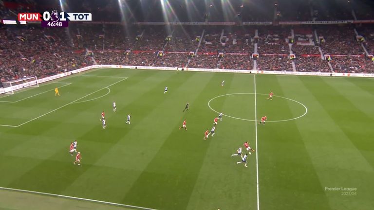 Left-back Diogo Dalot (bottom left) is even further forward than Alejandro Garnacho when the ball breaks for Brennan Johnson and Dejan Kulusevski in the build-up to Tottenham's second goal