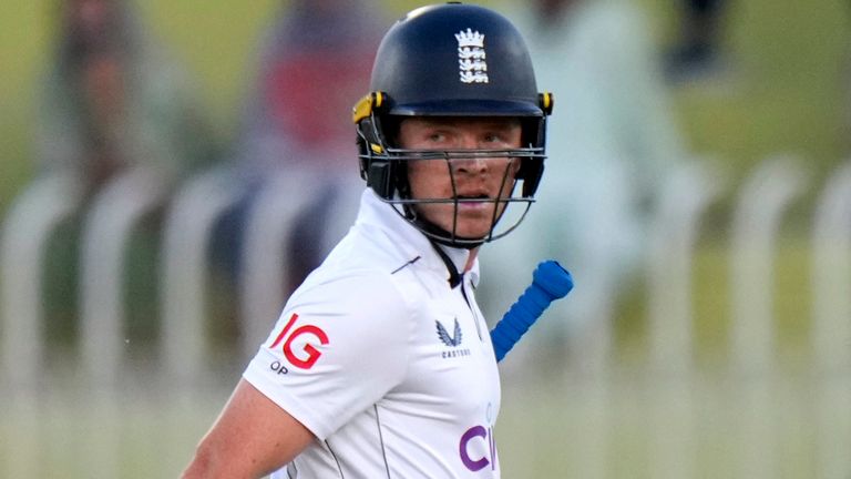 England's Ollie Pope trudges off after a low score against Pakistan (Associated Press)