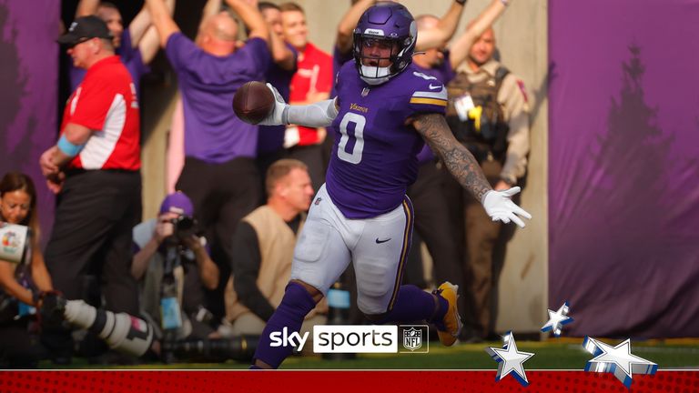 Minnesota Vikings linebacker Ivan Pace Jr. (0) scores on a 36-yard fumble recovery against the Detroit Lions during the second half of an NFL football game Sunday, Oct. 20, 2024, in Minneapolis. (AP Photo/Bruce Kluckhohn)


