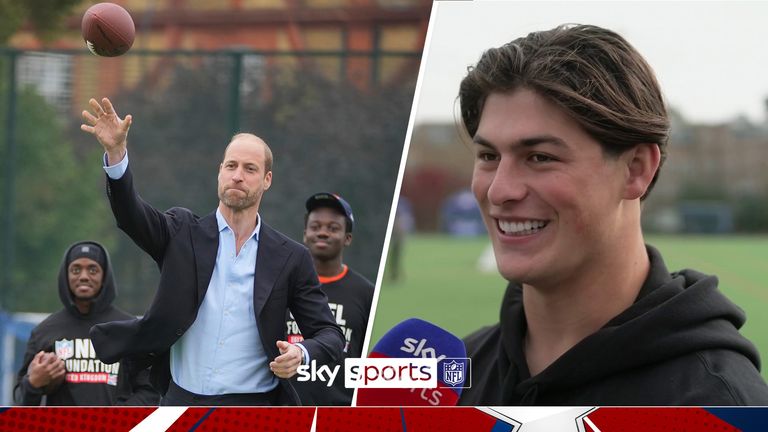 Britain&#39;s Prince William throws a football as he attends a NFL Foundation NFL Flag event, an inclusive and fast paced American Football format, in London, Tuesday, Oct. 15, 2024. (AP Photo/Kin Cheung, Pool)