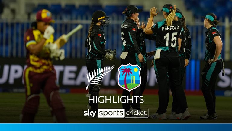 New Zealand&#39;s players celebrates the dismissal of West Indies&#39; Chedean Nation, left, during the ICC Women&#39;s T20 World Cup 2024 semi-final match between New Zealand and West Indies at Sharjah Stadium, United Arab Emirates, Friday, Oct. 18, 2024. (AP Photo/Altaf Qadri)


