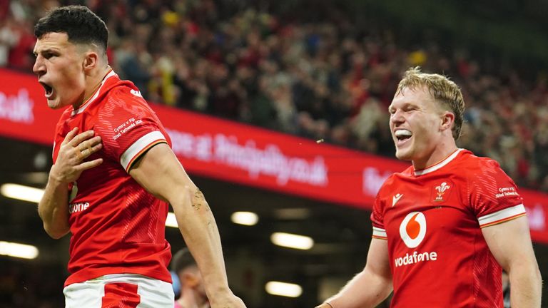 Wales' Ellis Bevan celebrates scoring their side's second try during the Autumn international match at Principality Stadium, Cardiff. Picture date: Sunday November 10, 2024. 